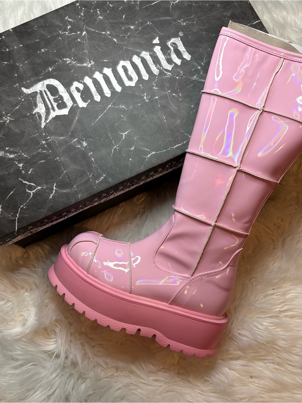 Demonia Pink Holographic Platform Knee-High Boots